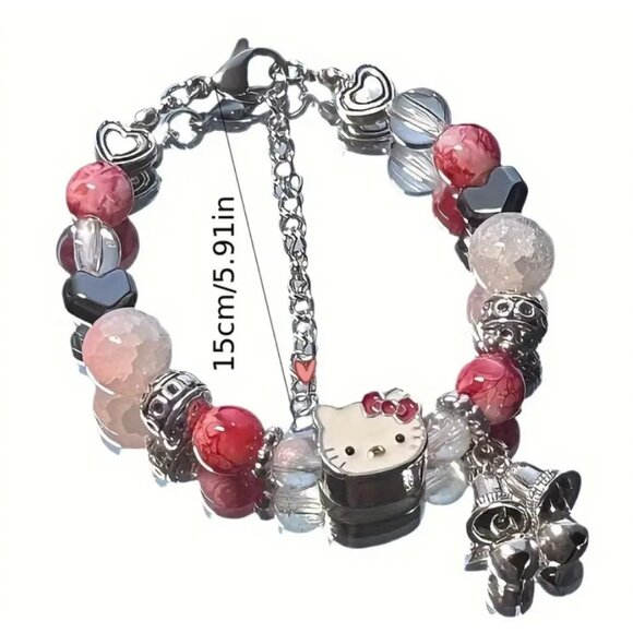 Hello Kitty Pink Beaded Charm Bracelet Cute Cat Bell Kawaii Heart Jewelry Gift - Picture 4 of 4